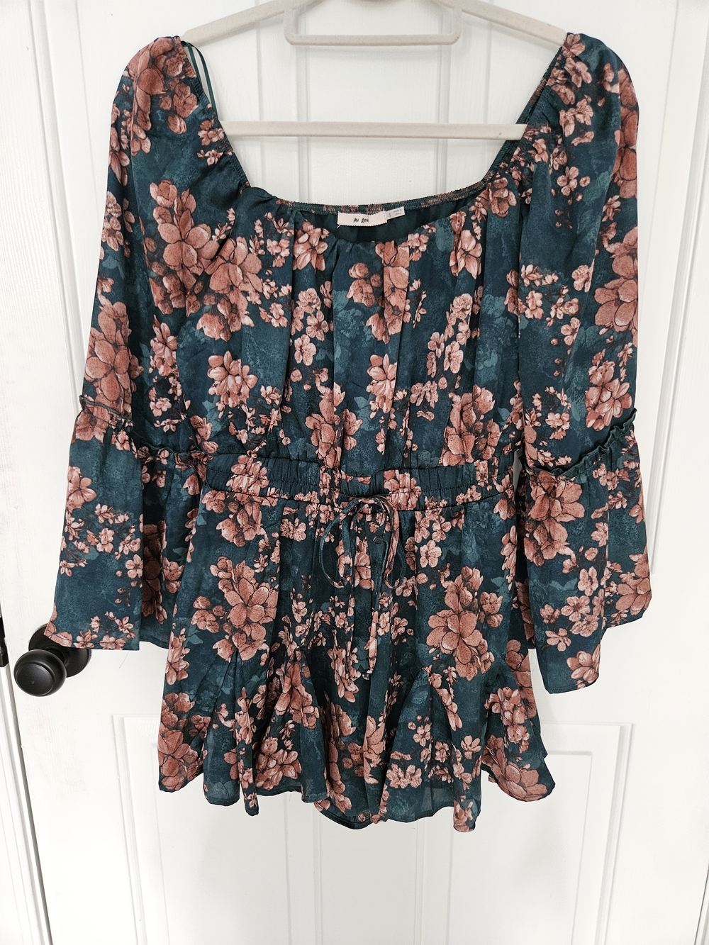 Floral Peasant Silky Romper in Emerald Green and Tan
